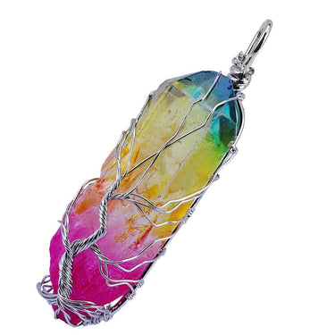 Wire Wrapped TREE OF LIFE  Titanium Coated Rock Quartz Necklace